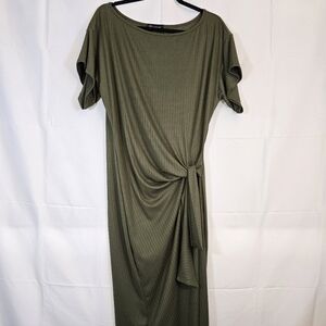 Olive Green Short Sleeve Knit Dress with Knot Accent